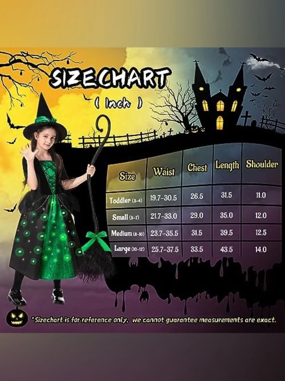 Poshetion Girls Witch Costumes, Light Up Halloween Witch Dress with Witch Broom